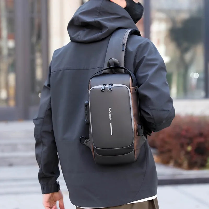 Men's Anti-Theft Chest Bag with Password Lock & USB Port Waterproof Crossbody Sling Backpack for Travel Work Cycling