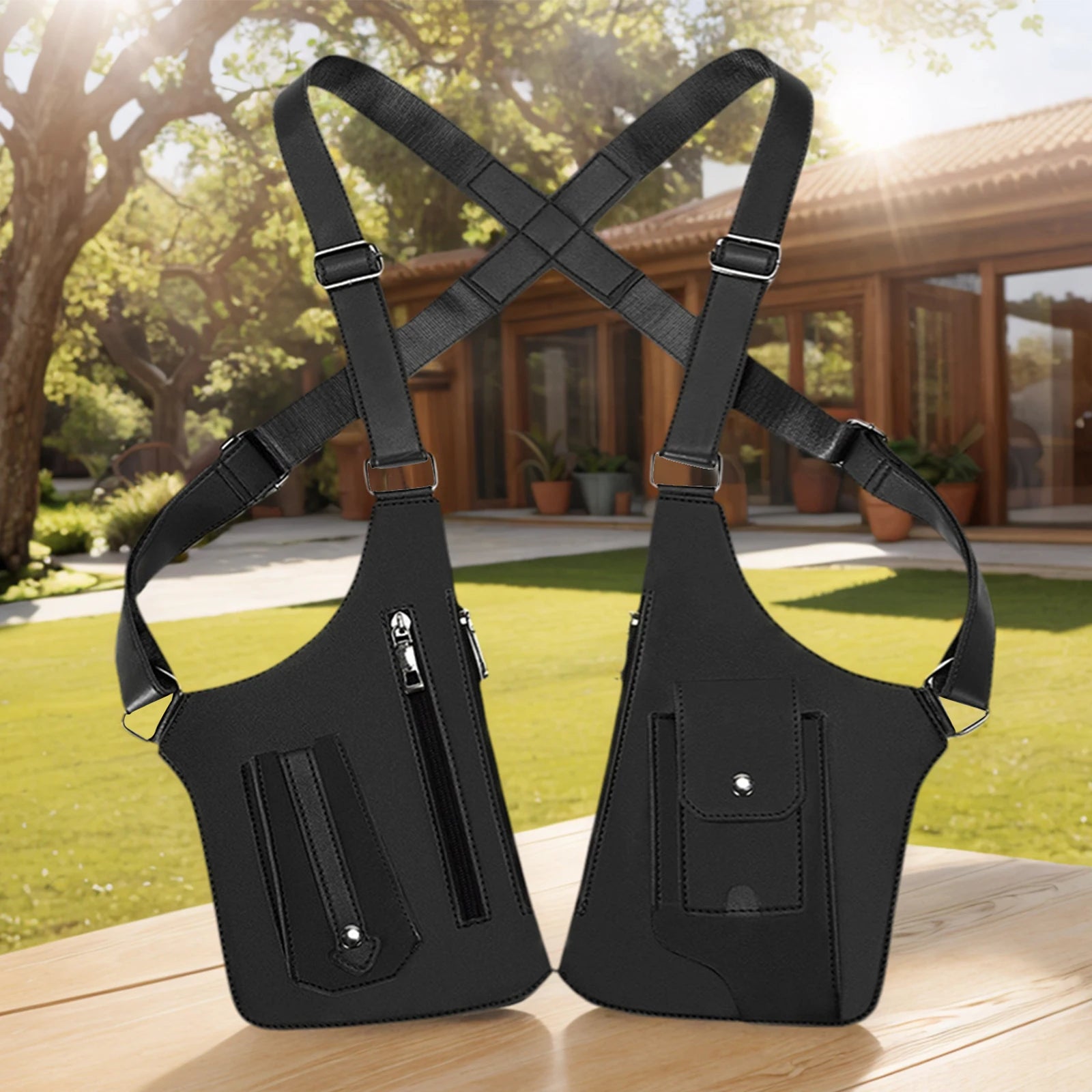 PU Leather Double Shoulder Armpit Bag Multi-Pocket Underarm Strap Wallet Pocket Anti-Theft for Men Women Travel Outdoors