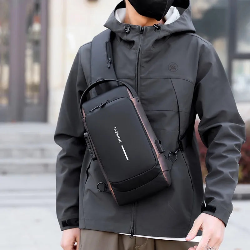 Men's Anti-Theft Chest Bag with Password Lock & USB Port Waterproof Crossbody Sling Backpack for Travel Work Cycling