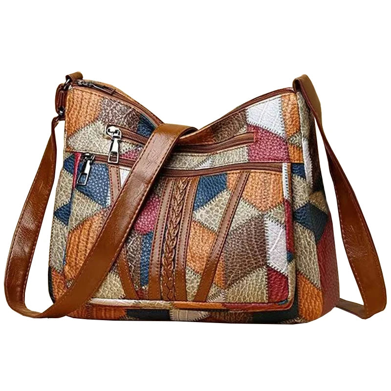 Neutral style backpack for moms with a strap design. Single shoulder bag with a patchwork pattern. Adjustable shoulder strap.