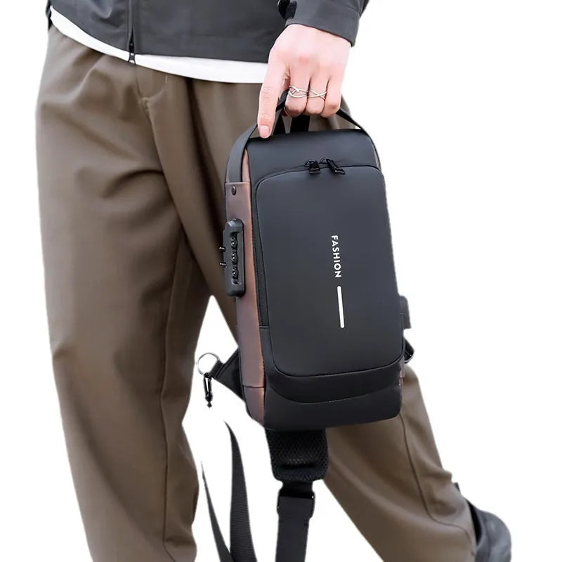 Men's Anti-Theft Chest Bag with Password Lock & USB Port Waterproof Crossbody Sling Backpack for Travel Work Cycling