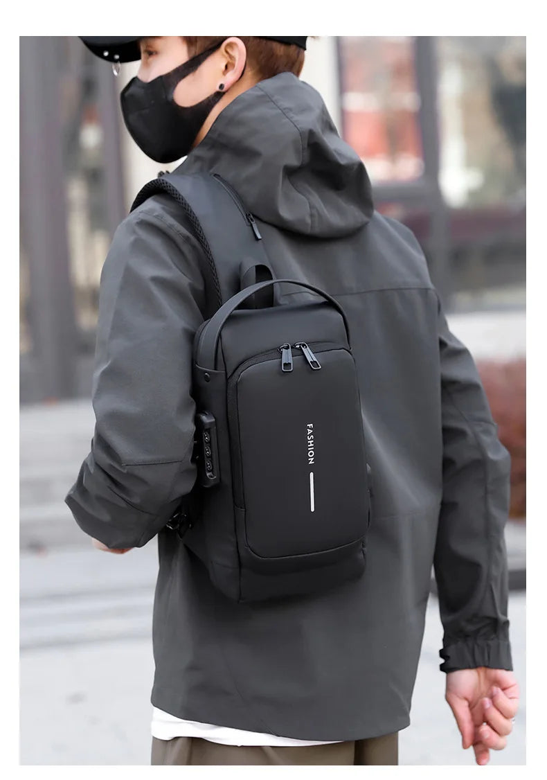 Men's Anti-Theft Chest Bag with Password Lock & USB Port Waterproof Crossbody Sling Backpack for Travel Work Cycling