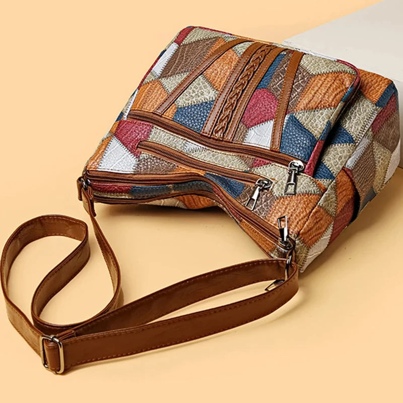 Neutral style backpack for moms with a strap design. Single shoulder bag with a patchwork pattern. Adjustable shoulder strap.