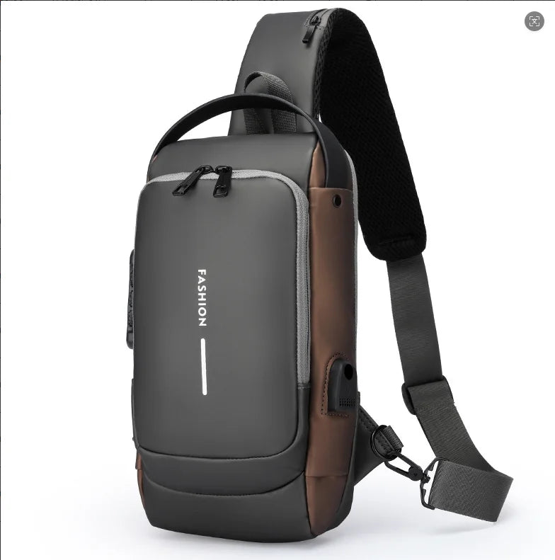 Men's Anti-Theft Chest Bag with Password Lock & USB Port Waterproof Crossbody Sling Backpack for Travel Work Cycling